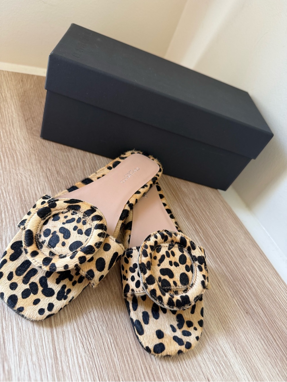 Tony Bianco Leopard Print Slide Mules in Tan and Black